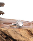 Baikalla 18k White Gold Natural Icy Cabochon Jadeite Jade Ring w/ Rose Cut Diamonds Halo