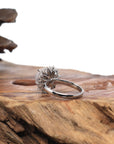 Baikalla 18k White Gold Natural Icy Cabochon Jadeite Jade Ring w/ Rose Cut Diamonds Halo