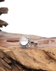 Baikalla 18k White Gold Natural Icy Cabochon Jadeite Jade Ring w/ Rose Cut Diamonds Halo
