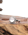 Baikalla 18k White Gold Natural Icy Cabochon Jadeite Jade Ring w/ Rose Cut Diamonds Halo