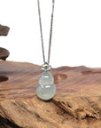 18k White Gold Natural Icy Green Jadeite Jade Hulu Pendant