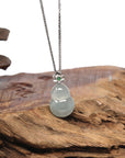 18k White Gold Natural Icy Green Jadeite Jade Hulu Pendant