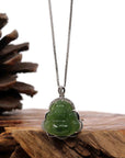 Baikalla™ Sterling Silver Genuine Nephrite Green Jade Small Buddha Pendant Necklace
