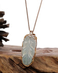 Baikalla Jewelry Jade Guanyin Pendant Necklace Copy of Genuine Ice Jadeite Jade Jin Zhi Yu Ye (Leaf) Necklace With Rose Gold VSI Diamond Bail