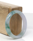 High-End Natural Icy Blue-Green Flower & Light Lavender Jadeite Jade "Oval" Bangle Bracelet (51.1mm)