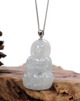 Baikalla Jewelry Jade Guanyin Pendant Necklace Copy of Copy of Copy of "Goddess of Compassion" Genuine Burmese Ice Blue Jadeite Jade Guanyin Necklace With Good Luck Design Sterling Silver Bail