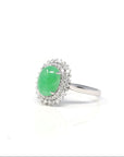 18k White Gold Natural Rich Green Jadeite Jade Engagement Ring w/ Double Halo Diamonds