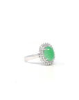 18k White Gold Natural Rich Green Jadeite Jade Engagement Ring w/ Double Halo Diamonds