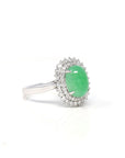 18k White Gold Natural Rich Green Jadeite Jade Engagement Ring w/ Double Halo Diamonds