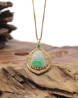 Baikalla Natural Vibrant Green Patch Jadeite Jade "Happy Buddha" Pendant W/ 18K Yellow Gold & Natural Diamond Bail