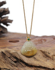 Baikalla Natural Icy Yellow-Orange Jadeite Jade "Happy Buddha" Pendant W/ 18ky Gold & Natural Diamond Bail