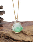 Baikalla Natural Vibrant Green Patch Jadeite Jade "Happy Buddha" Pendant W/ 14K Yellow Gold & Natural Diamond Bail