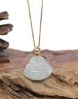 Baikalla Natural Icy W/ Blue-Green Patch Jadeite Jade "Happy Buddha" Pendant W/ 18ky Gold & Natural Diamond Bail