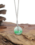 Baikalla Natural Vibrant Green Jadeite Jade "Ping An Kou" (Good Luck Button) Pendant W/ 18kw Gold & Natural Diamonds