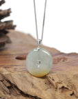 Baikalla Natural Icy Green & Yellow Patch Jadeite Jade "Ping An Kou" (Good Luck Button) Pendant W/ 18kw Gold & Natural Diamonds