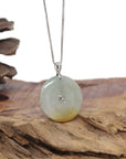 Baikalla Natural Icy Green & Yellow Patch Jadeite Jade "Ping An Kou" (Good Luck Button) Pendant W/ 18kw Gold & Natural Diamonds