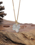 Baikalla Natural Icy Light Blue-Green Flower Jadeite Jade "Maple Leaf" Pendant W/ 18ky Gold Bail & Natural Diamonds