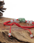 Baikalla Natural Apple-Green Jadeite Jade "Double Heart KouKou" Braided Red Nylon Adjustable Drawstring Bracelet