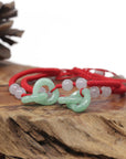 Baikalla Natural Apple-Green Jadeite Jade "Double Heart KouKou" Braided Red Nylon Adjustable Drawstring Bracelet