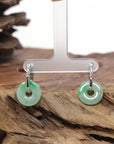 Baikalla Natural Icy Vibrant Apple-Green Jadeite Jade "Ping An Kou" (Good Luck Button) W/ 18k Gold Bamboo Hoop Earrings