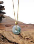 Baikalla "Ping An Kou" (Good Luck Button) Icy Blue-Green Flower Jadeite Jade Pendant W/ 18K Yellow Gold Bail
