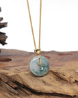 Baikalla "Ping An Kou" (Good Luck Button) Icy Blue-Green Flower Jadeite Jade Pendant W/ 18K Yellow Gold Bail