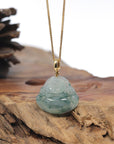 Baikalla Ice Blue Green Flower Jadeite Jade "Happy Buddha" Necklace With 18K Gold Bail