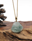 Baikalla Ice Blue Green Flower Jadeite Jade "Happy Buddha" Necklace With 18K Gold Bail