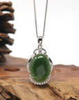 Sterling Silver Oval Deep Green Nephrite Jade Pendant with Diamonds