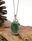Sterling Silver Oval Deep Green Nephrite Jade Pendant with Diamonds