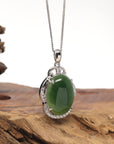 Sterling Silver Oval Deep Green Nephrite Jade Pendant with Diamonds