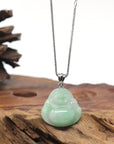 18k White Gold Natural Light Apple Green Jadeite Jade Buddha Pendant Necklace