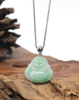 18k White Gold Natural Light Apple Green Jadeite Jade Buddha Pendant Necklace