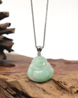 18k White Gold Natural Light Apple Green Jadeite Jade Buddha Pendant Necklace