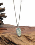 18K White Gold "Leaf" Necklace Ice Light Green Jadeite Jade Pendant w/ Natural Diamonds