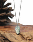 18K White Gold "Leaf" Necklace Ice Light Green Jadeite Jade Pendant w/ Natural Diamonds