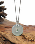 18K White Gold "Good Luck Button" Necklace Ice Light Blue Jadeite Jade Pendant Necklace