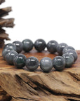 Baikalla Natural WuJi "乌鸡" Black & Grey Jadeite Jade Large Round Beads Men's Bracelet (13.5mm)