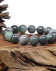 Baikalla Natural Vibrant Green & Black Wuji Jadeite Jade Round Bead Bracelet (13.5 mm)