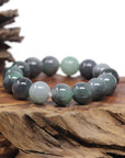 Baikalla Natural Vibrant Green & Black Wuji Jadeite Jade Round Bead Bracelet (13.5 mm)