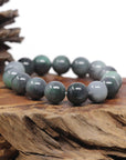 Baikalla Natural Vibrant Green & Black Wuji Jadeite Jade Round Bead Bracelet (13.5 mm)