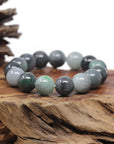 Baikalla Natural Vibrant Green & Black Wuji Jadeite Jade Round Bead Bracelet (13.5 mm)