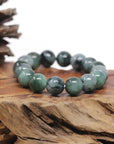 Baikalla Natural Vibrant Green & Black Wuji Jadeite Jade Round Bead Bracelet (13mm)
