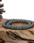 Baikalla Natural Icy Deep Oil-Green Jadeite Jade Round Bead Bracelet (6.9mm)