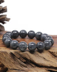 Baikalla Natural Black Wuji Jadeite Jade Round Bead Bracelet (12mm)