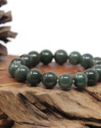Baikalla Natural Deep Oil-Green Jadeite Jade Round Bead Bracelet (12.8mm)