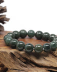 Baikalla Natural Deep Oil-Green Jadeite Jade Round Bead Bracelet (12.8mm)
