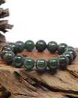 Baikalla Natural Deep Oil-Green Jadeite Jade Round Bead Bracelet (12.8mm)