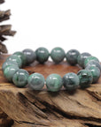 Baikalla Natural Vibrant Green & Black Wuji Jadeite Jade Round Bead Bracelet (13.5mm)