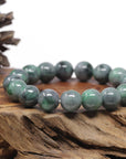 Baikalla Natural Vibrant Green & Black Wuji Jadeite Jade Round Bead Bracelet (13.5mm)